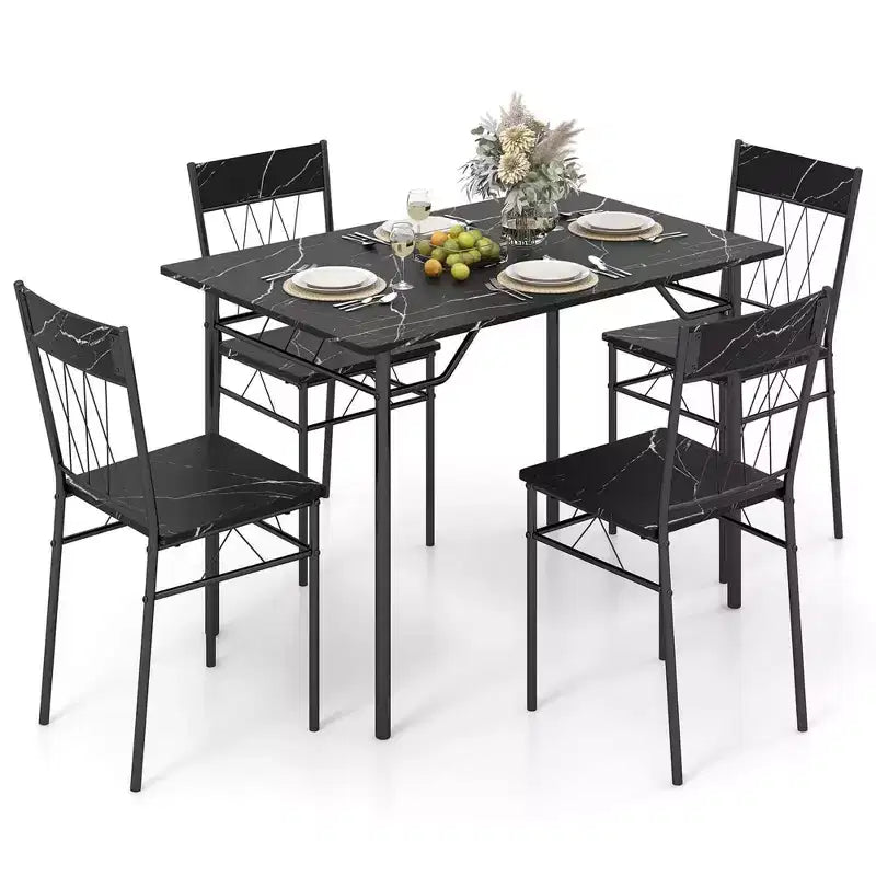 Costway Ensemble de 5 pièces de table de salle à manger pour 4 personnes, table de cuisine rectangulaire et 4 chaises avec cadre en métal gris ciment/noir