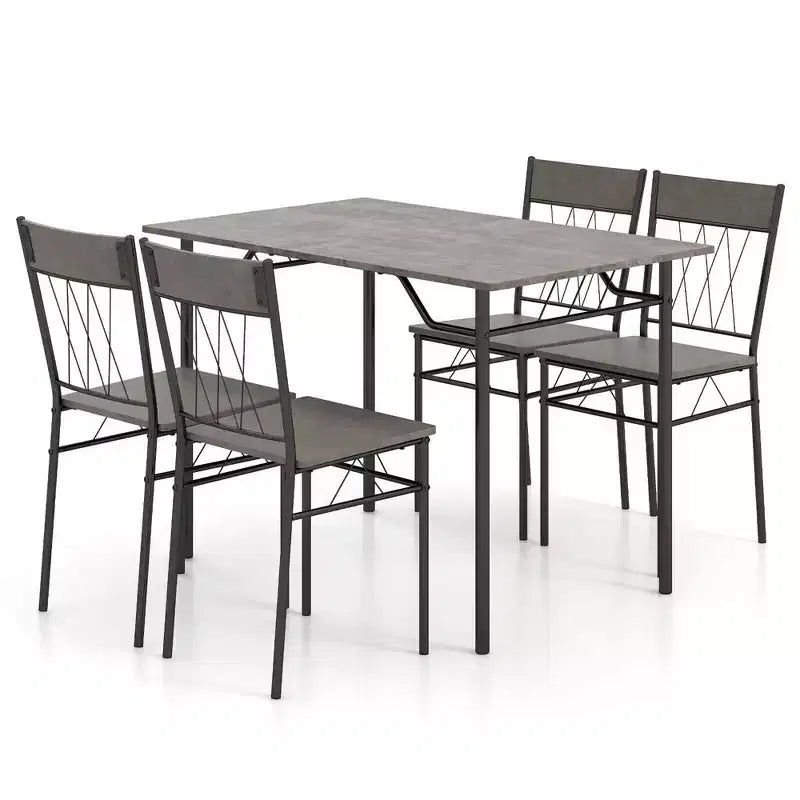 Costway Ensemble de 5 pièces de table de salle à manger pour 4 personnes, table de cuisine rectangulaire et 4 chaises avec cadre en métal gris ciment/noir
