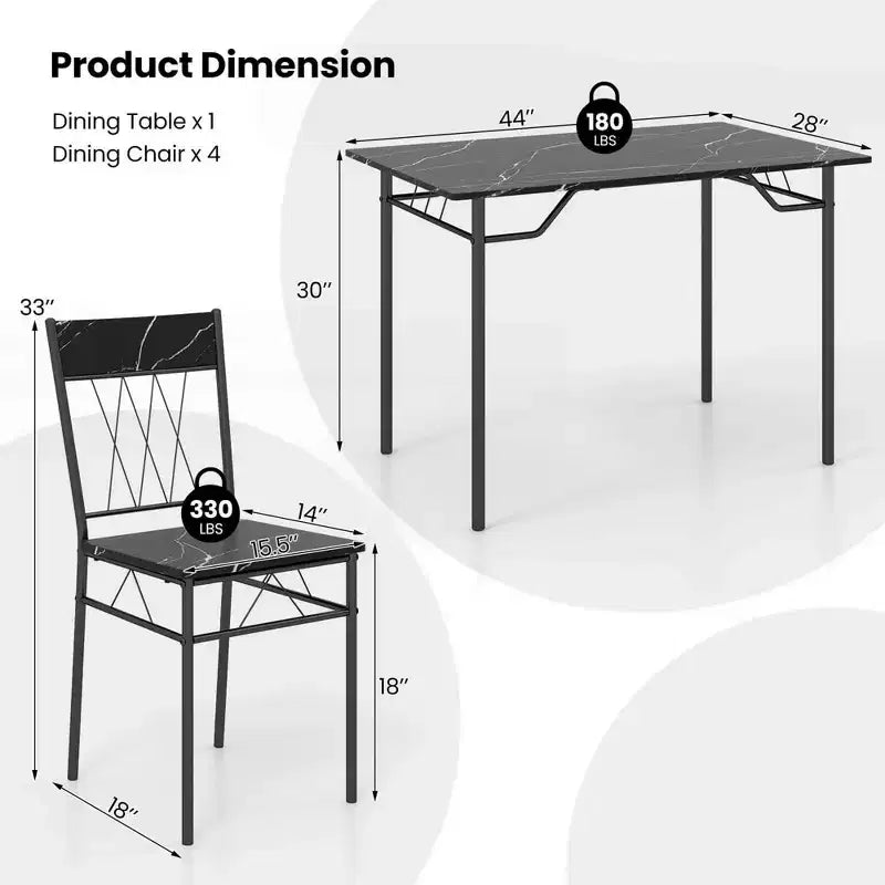 Costway Ensemble de 5 pièces de table de salle à manger pour 4 personnes, table de cuisine rectangulaire et 4 chaises avec cadre en métal gris ciment/noir