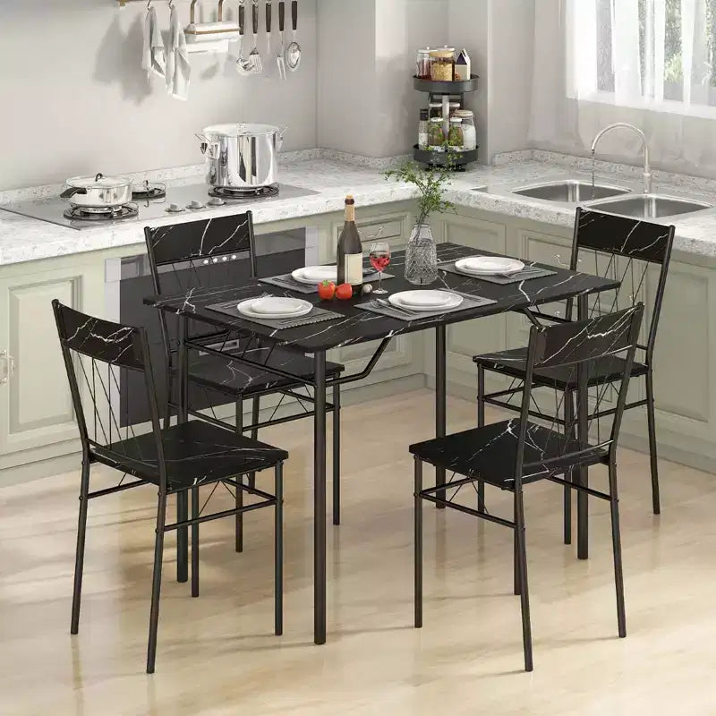 Costway Ensemble de 5 pièces de table de salle à manger pour 4 personnes, table de cuisine rectangulaire et 4 chaises avec cadre en métal gris ciment/noir
