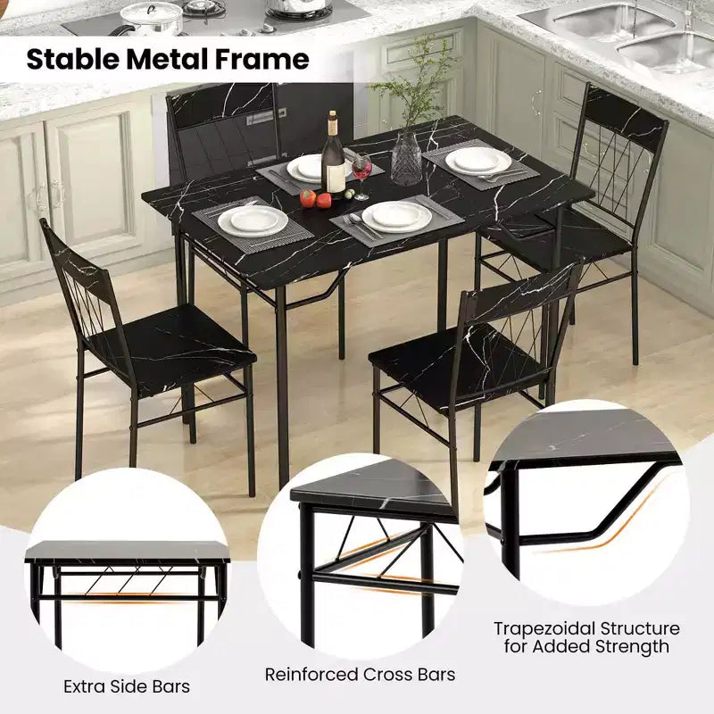 Costway Ensemble de 5 pièces de table de salle à manger pour 4 personnes, table de cuisine rectangulaire et 4 chaises avec cadre en métal gris ciment/noir