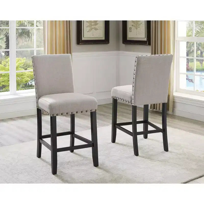 Ensemble de salle à manger Roundhill Furniture Biony hauteur comptoir en bois espresso avec tabourets à clous en tissu beige