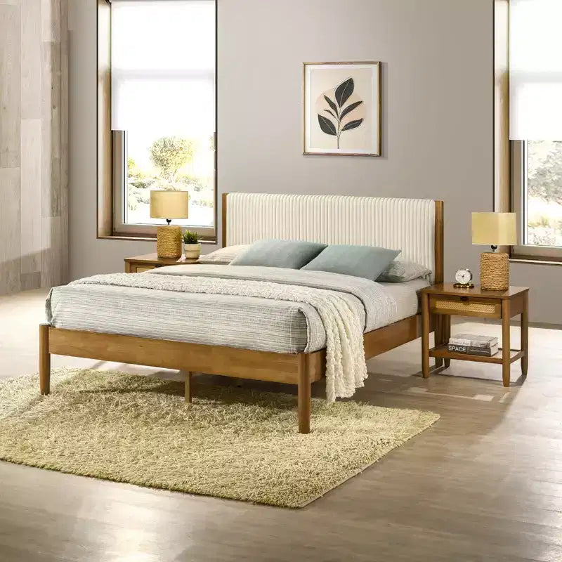 Ensemble de chambre à coucher Roundhill Furniture Vichy 3 pièces en hévéa, lit plateforme avec deux tables de chevet