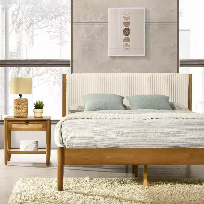 Ensemble de chambre à coucher Roundhill Furniture Vichy 3 pièces en hévéa, lit plateforme avec deux tables de chevet