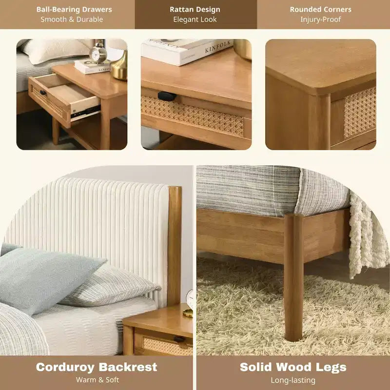 Ensemble de chambre à coucher Roundhill Furniture Vichy 3 pièces en hévéa, lit plateforme avec deux tables de chevet