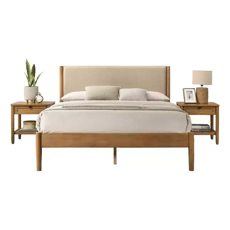 Ensemble de chambre à coucher Roundhill Furniture Vichy 3 pièces en hévéa, lit plateforme avec deux tables de chevet
