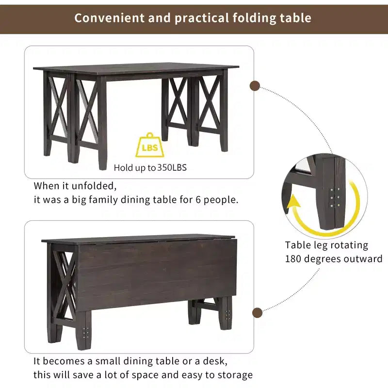 Ensemble de salle à manger pliable Whisen 6 pièces avec 4 chaises et un banc