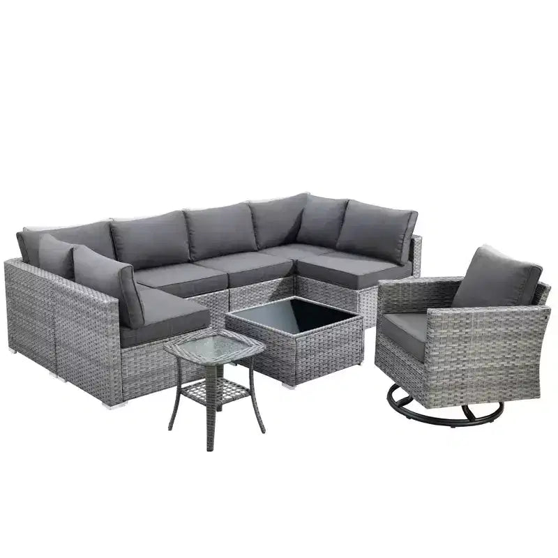 Ovios Venise Salon de jardin 9 pièces en osier avec canapé sectionnel, fauteuil pivotant et coussins