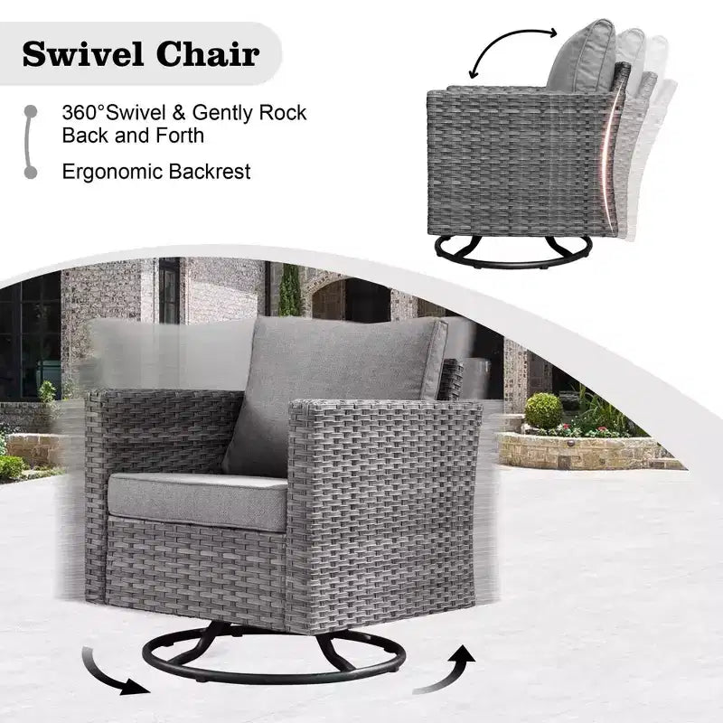 Ovios Venise Salon de jardin 9 pièces en osier avec canapé sectionnel, fauteuil pivotant et coussins