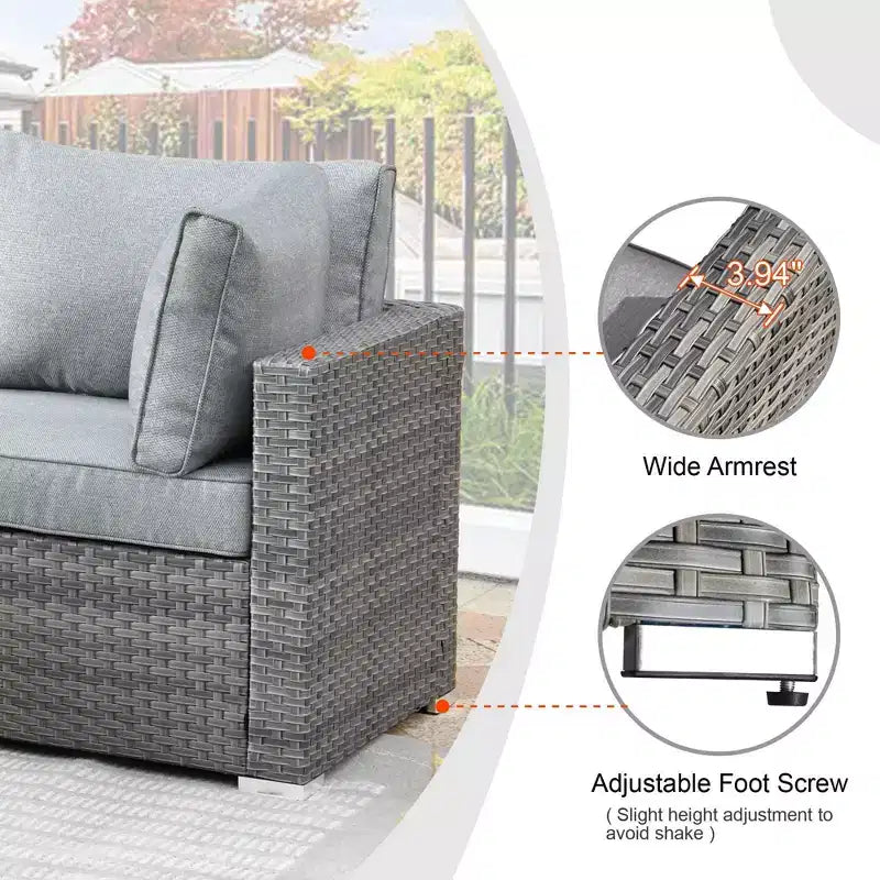 Ovios Venise Salon de jardin 9 pièces en osier avec canapé sectionnel, fauteuil pivotant et coussins