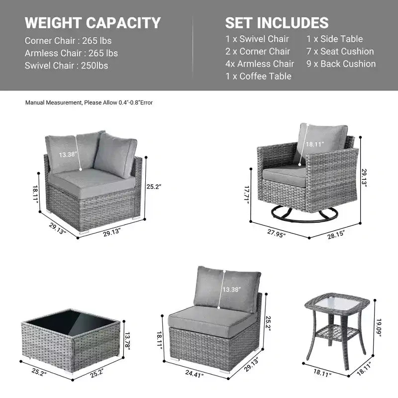 Ovios Venise Salon de jardin 9 pièces en osier avec canapé sectionnel, fauteuil pivotant et coussins
