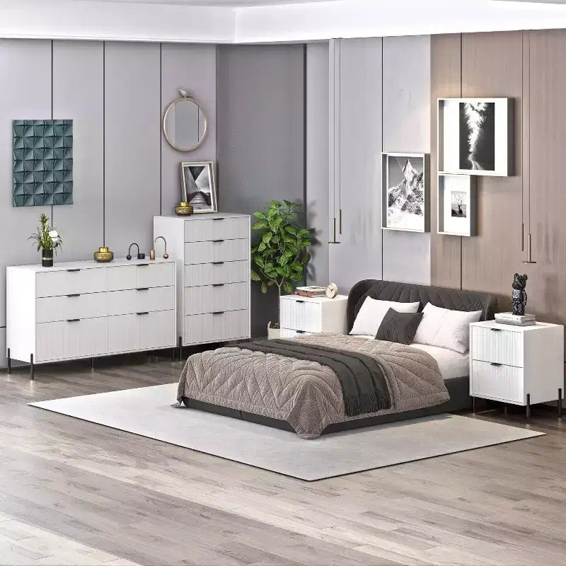 Ensemble de commode de chambre à coucher Festivo 4 pièces « Modern Elegance », une commode à 6 tiroirs et 2 tables de chevet à 2 tiroirs