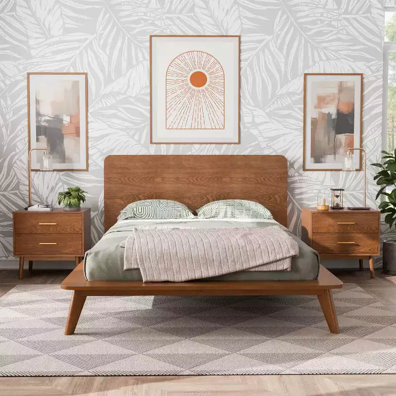 HOMES: Inside + Out Ensemble de chambre à coucher 3 pièces en bois de style Mid-Century Riverstone avec 2 tables de nuit Noyer